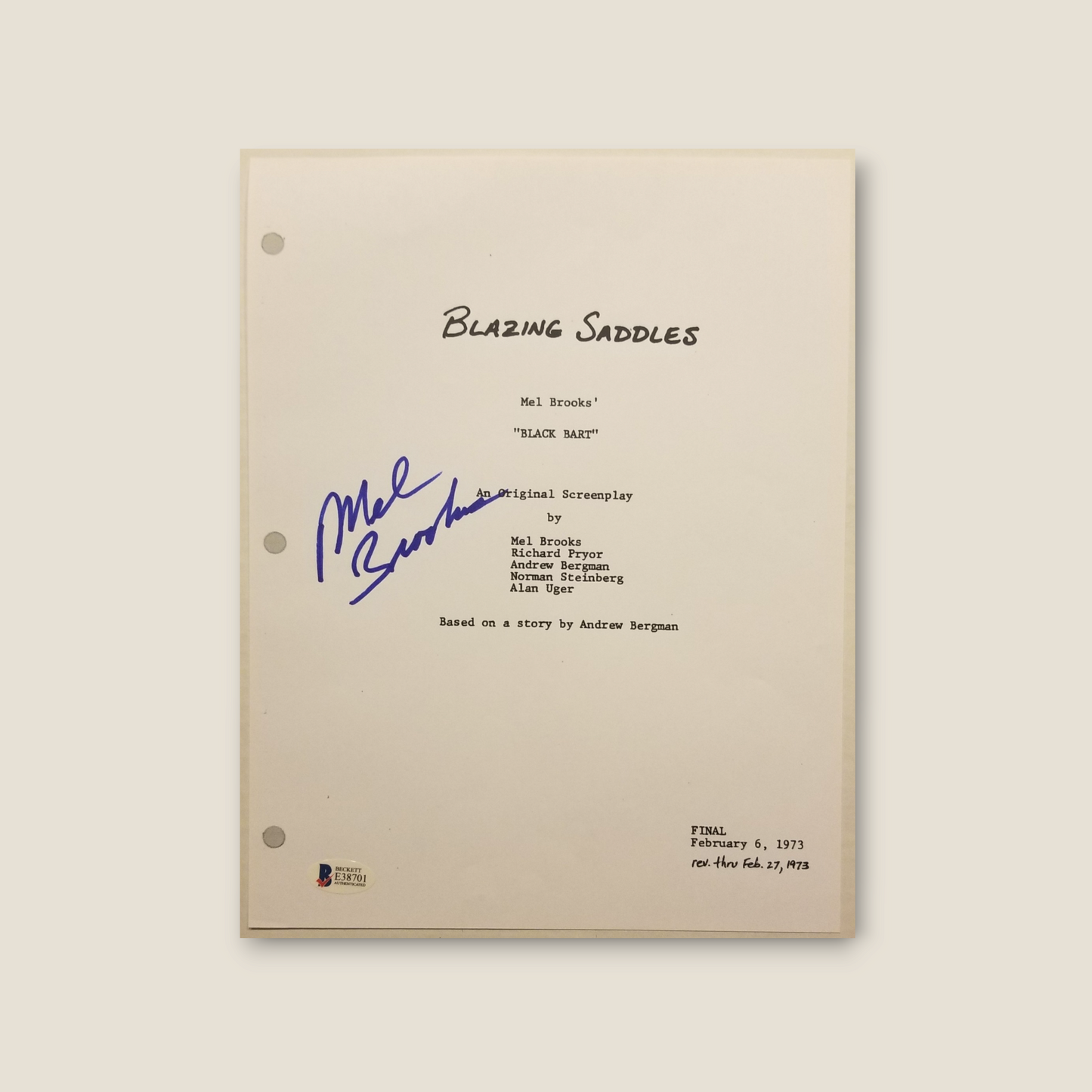 MEL BROOKS Autographed Original Screenplay Title Page BLAZING SADDLES BAS COA