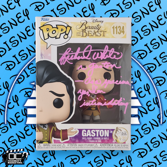 Richard White signed Beauty & The Beast Gaston Funko 1134 OCCM Auto QR code-QP