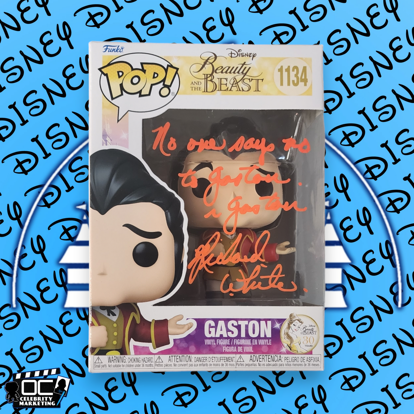 Richard White signed Beauty & The Beast Gaston Funko 1134 OCCM Auto QR code-QO1