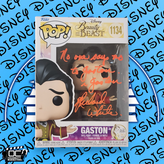 Richard White signed Beauty & The Beast Gaston Funko 1134 OCCM Auto QR code-QO1