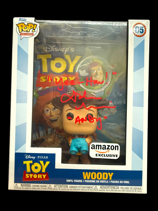 John Morris signed Amz Excl. Disney VHS Cover Toy Story Woody Funko Pop! Quote #1