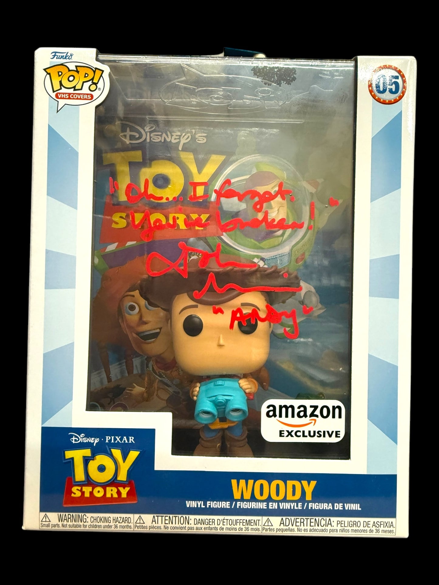 John Morris signed Amz Excl. Disney VHS Cover Toy Story Woody Funko Pop! Quote #2