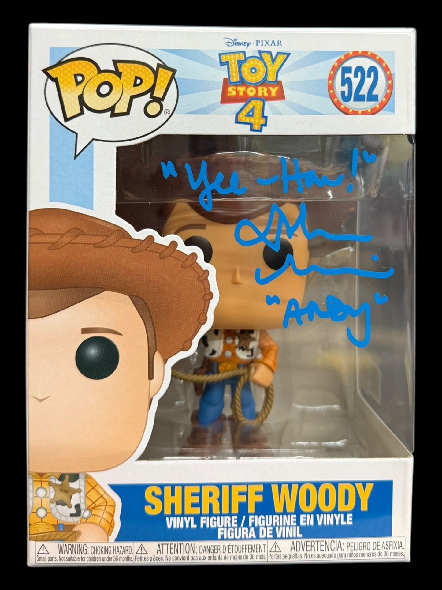 John Morris signed Disney Toy Story 4 Sheriff Woody Funko #522 Quote #1
