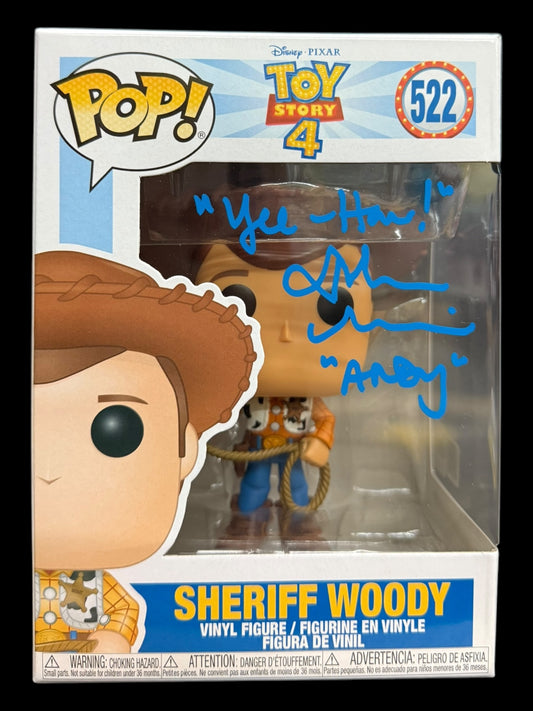 John Morris signed Disney Toy Story 4 Sheriff Woody Funko #522 Quote #1