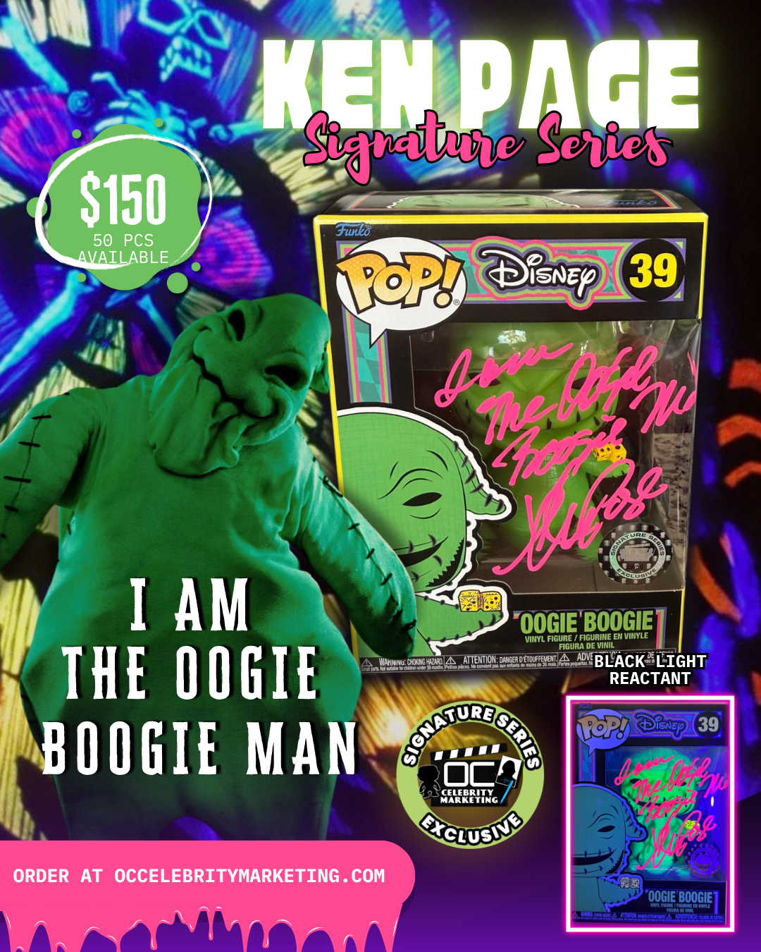 Ken Page Signature Series: The Nightmare Before Christmas Black Light Oogie Boogie Funko Pop! #39 (#/50)